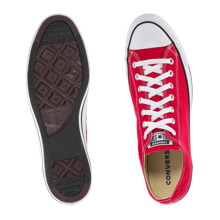 Converse red low-top sneaker soles and inner view with white laces