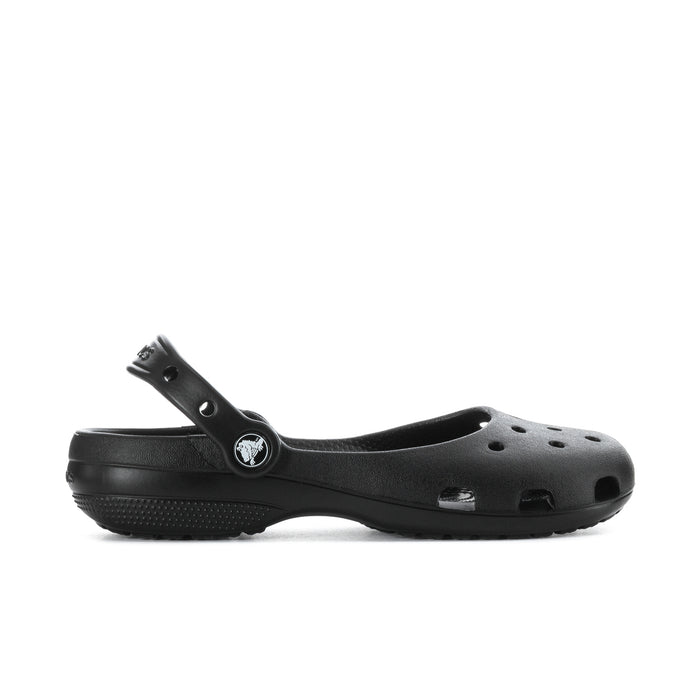 Black women’s ballet clog with perforated upper and adjustable heel strap
