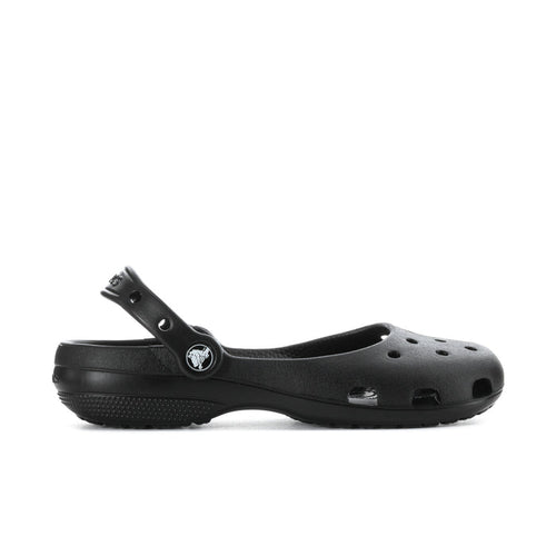 Black women’s ballet clog with perforated upper and adjustable heel strap