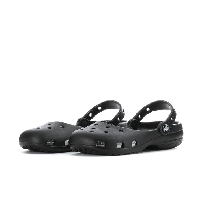 Pair of black women’s ballet clogs with perforated design and heel strap