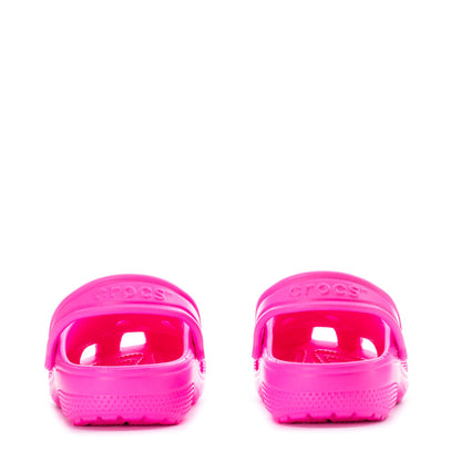 Kids' pink clogs, back view with heel strap and 'crocs' lettering