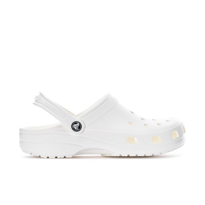 White slip-on clog for men with perforated upper and adjustable heel strap