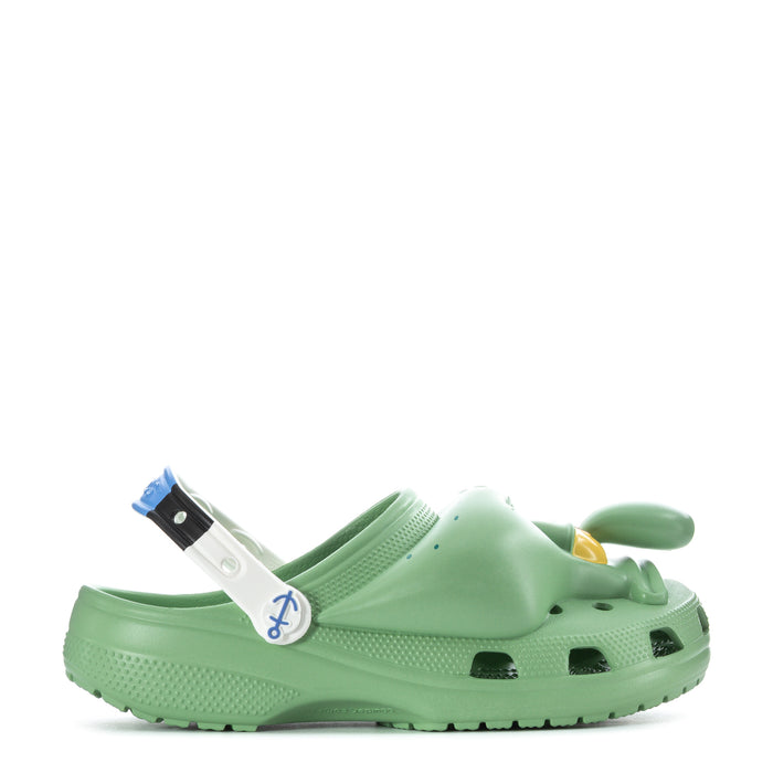 Men's classic clog, light teal/green slide with blue-and-white Jibbitz, vented upper