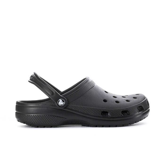 Black men's clog with perforations, adjustable heel strap, and textured rubber outsole