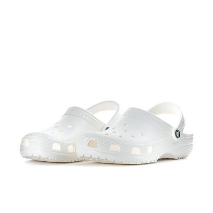 White men’s clogs with perforated upper, vent holes, and low-profile platform sole