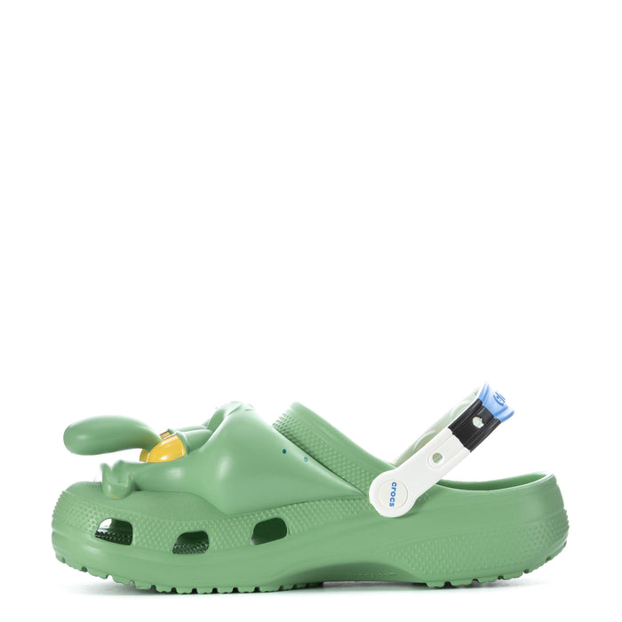 Men's classic clog, light teal/green slide with blue-and-white Jibbitz, vent holes