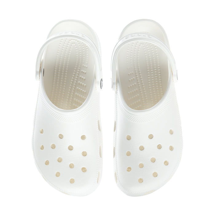 White men’s clog pair showing perforated top and molded footbed texture