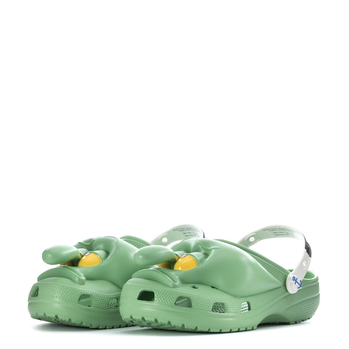 Men's classic clogs, light teal/green slides with vent holes and yellow charm