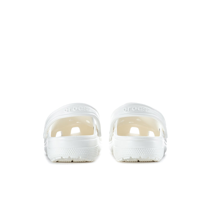 White men’s classic clog backs with rubber heel grips and vented top openings