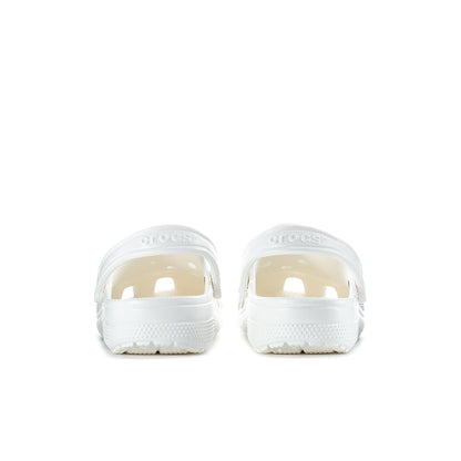 White men’s classic clog backs with rubber heel grips and vented top openings