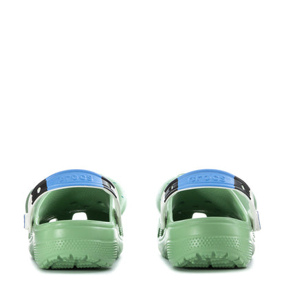 Men's classic clog, light teal/green, blue heel strap, vent holes