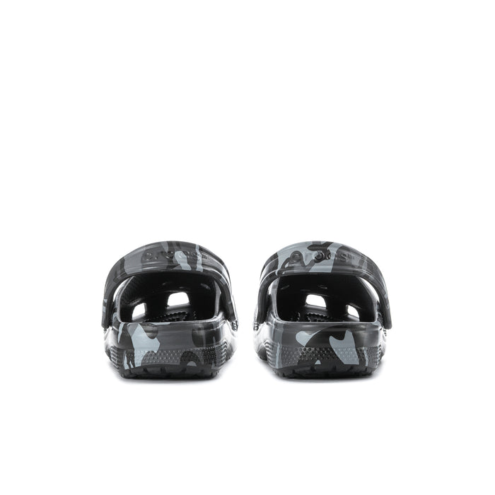 Men's camo clogs rear view with heel loop and glossy shell