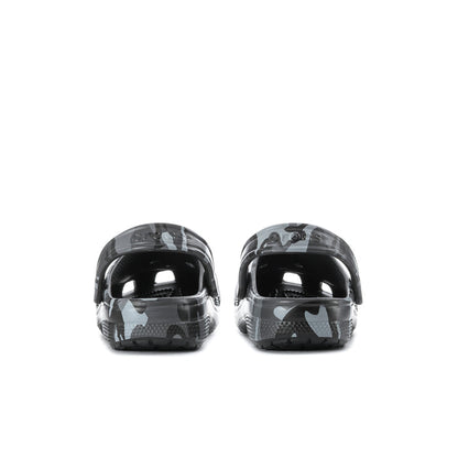 Men's camo clogs rear view with heel loop and glossy shell