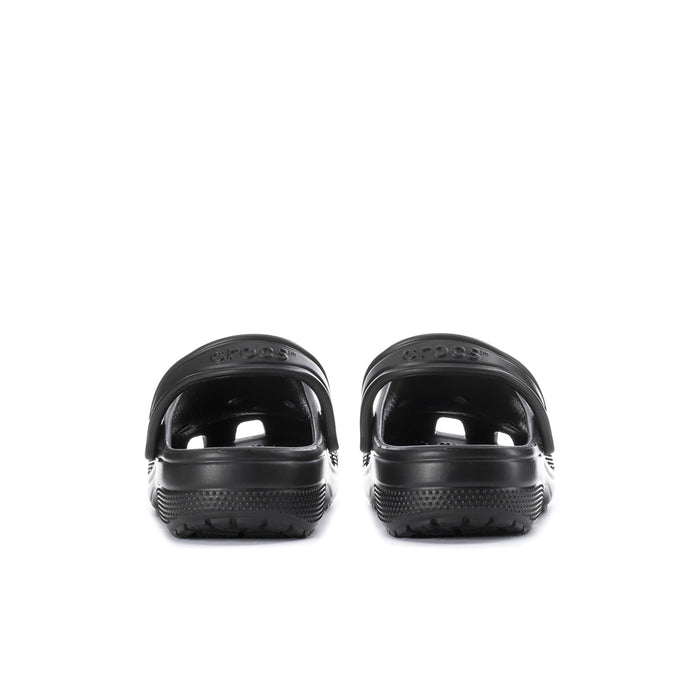 Black men's clog heels with molded back detail and treaded rubber sole