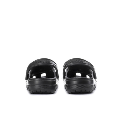 Black men's clog heels with molded back detail and treaded rubber sole