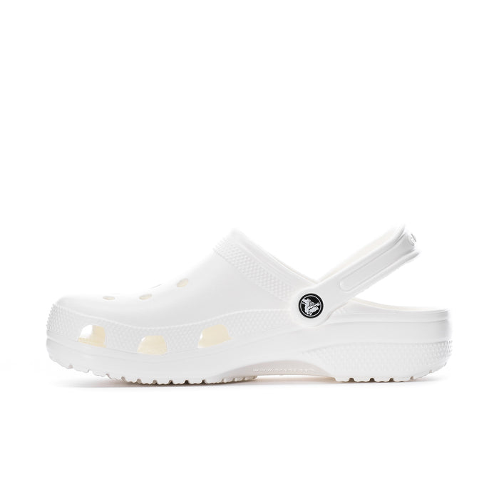 White men’s clog in side view with perforated upper, heel strap, and treaded sole