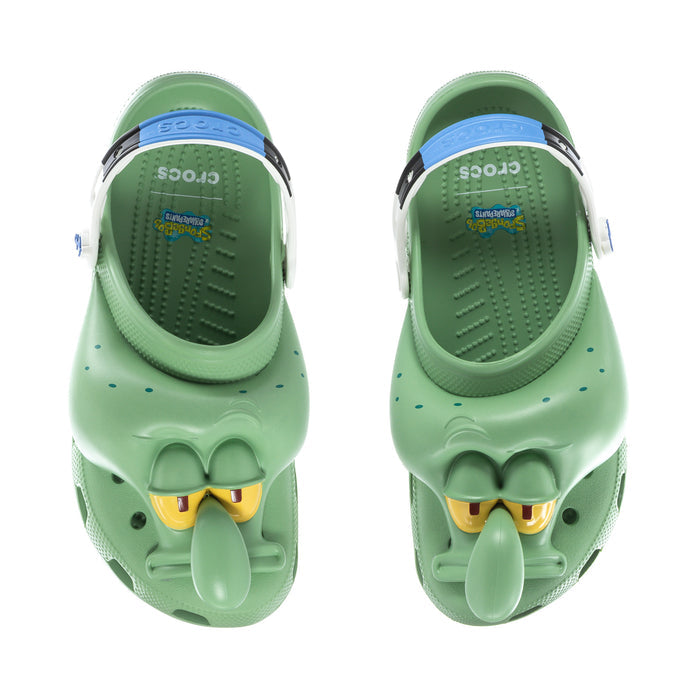Men's classic clog, teal/green with yellow charm, blue strap, vented upper