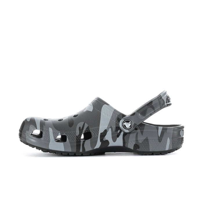 Men's camo clog side view with perforated holes and heel strap
