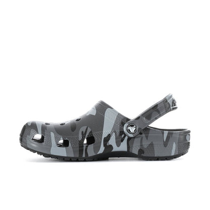 Men's camo clog side view with perforated holes and heel strap