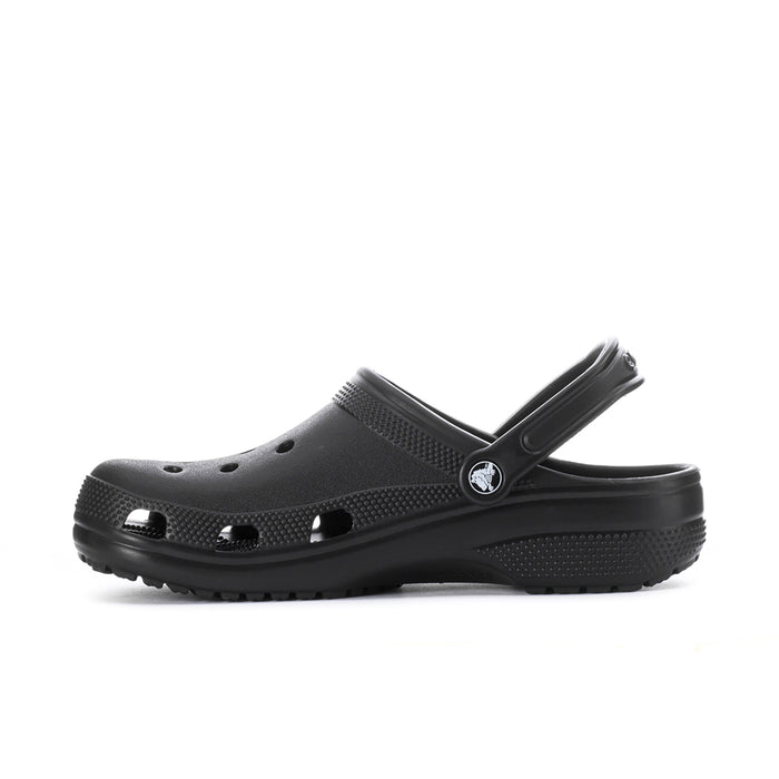 Black men's slip-on clog with heel strap, perforated panels, and chunky outsole