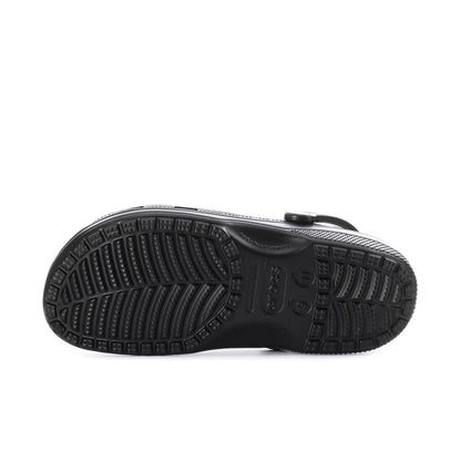 Black men's clog outsole with molded tread pattern underside