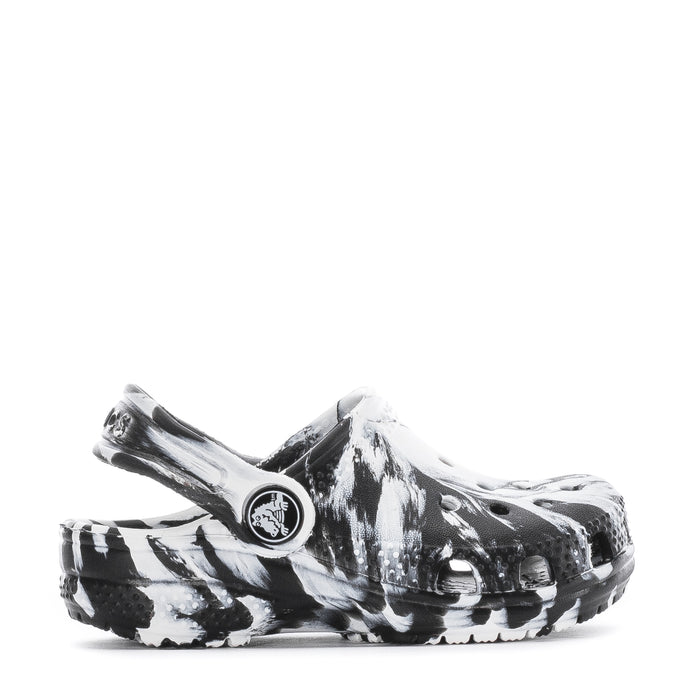 Toddler classic clog in black-and-white marble print, side vents and strap.