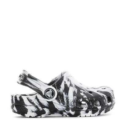 Toddler classic clog in black-and-white marble print, side vents and strap.