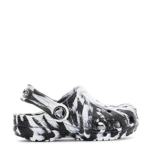 Toddler classic clog in black-and-white marble print, side vents and strap.