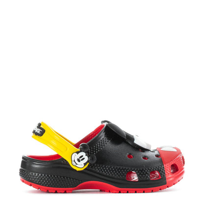 Kids’ black clog with Mickey Mouse face, red accents, and yellow heel strap