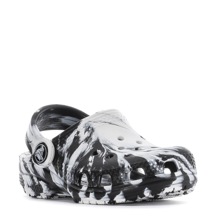 Toddler classic clog, black-and-white marble pattern with round vent holes.