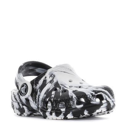 Toddler classic clog, black-and-white marble pattern with round vent holes.