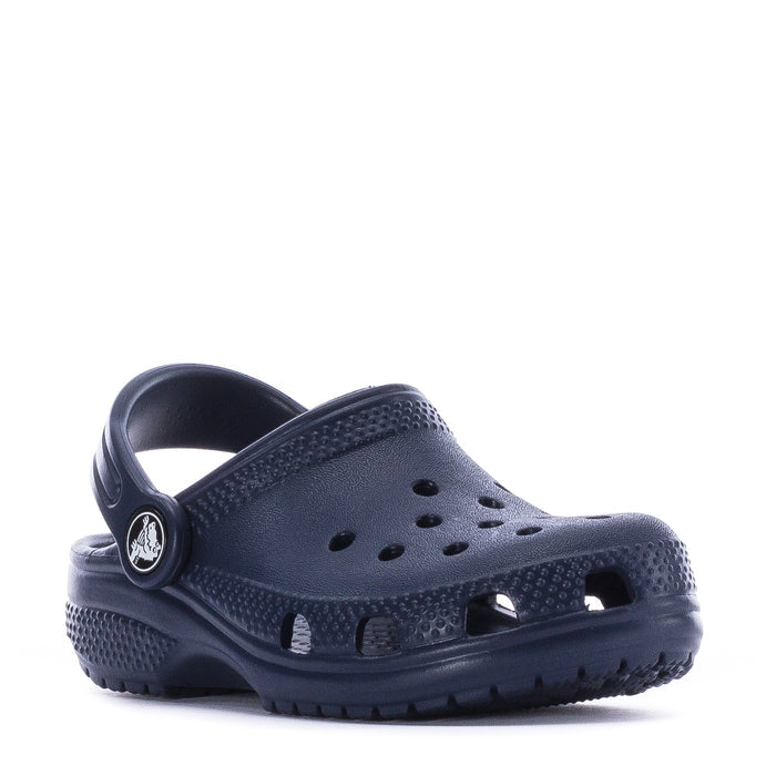 Navy toddler clog, side view with adjustable back strap and holes