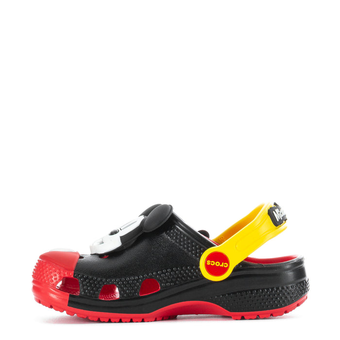 Kids’ black clog with Mickey applique, red sole, and yellow heel strap detail