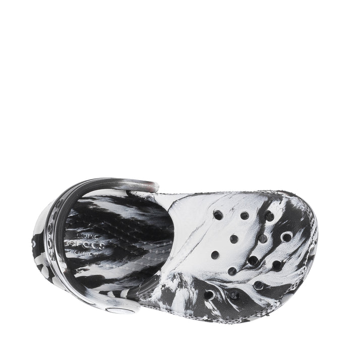 Toddler clog upper with black-and-white marble print, open back and round holes.