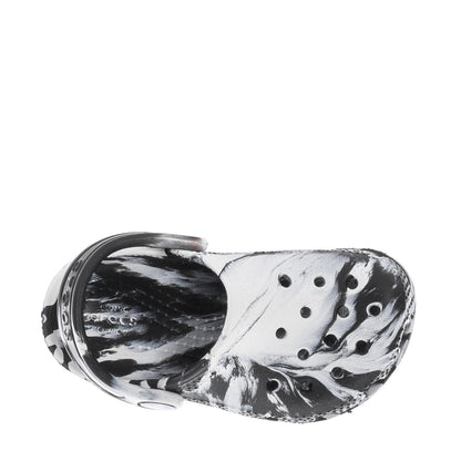 Toddler clog upper with black-and-white marble print, open back and round holes.