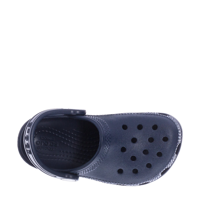 Navy toddler clog open heel showing cushioned interior and perforations