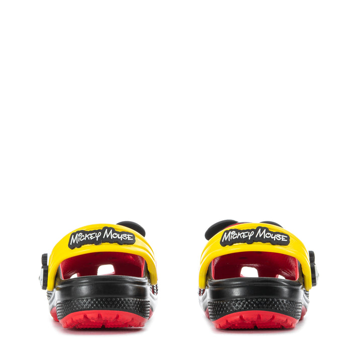 Kids’ Mickey Mouse clogs, showing back view with yellow heel panels and red lining