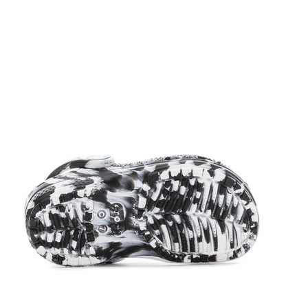 Toddler clog outsole tread in black-and-white marble, bottom view.