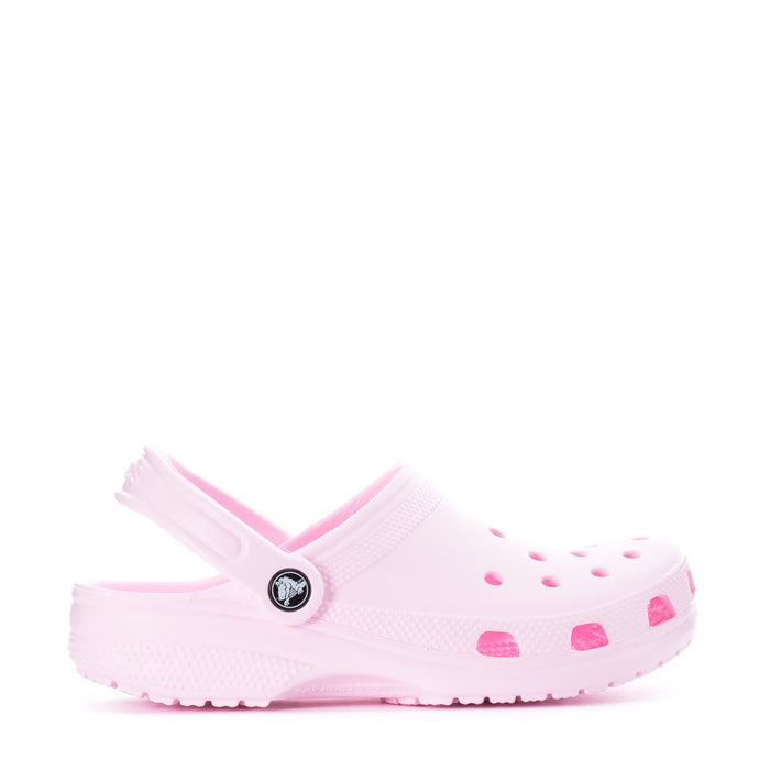 Women's pink clog with slingback strap, perforated upper, and heart-like print