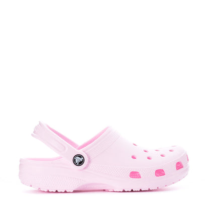 Women's pink clog with slingback strap, perforated upper, and heart-like print