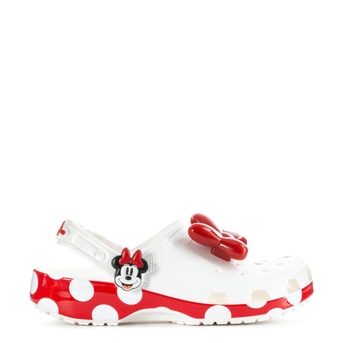 Women’s classic clog in white with red Minnie bow and polka-dot accents