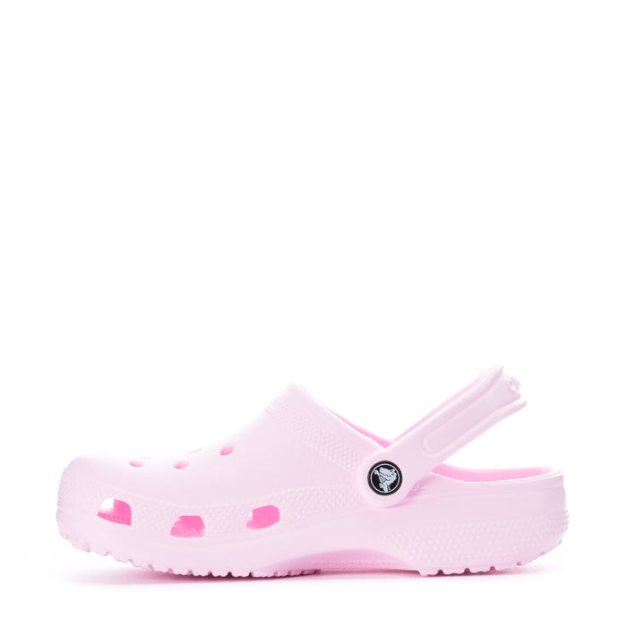 Women's pink clog with perforated holes and pink accent prints, side view