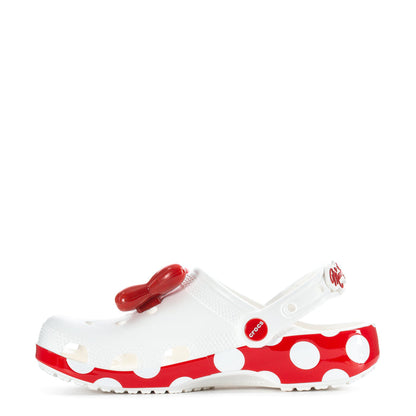 White women’s classic clog with red bow detail and polka-dot side panel
