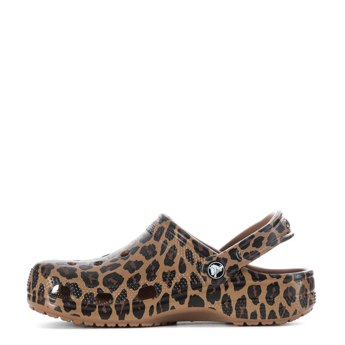Women's leopard-print clog, side view with adjustable strap and logo button