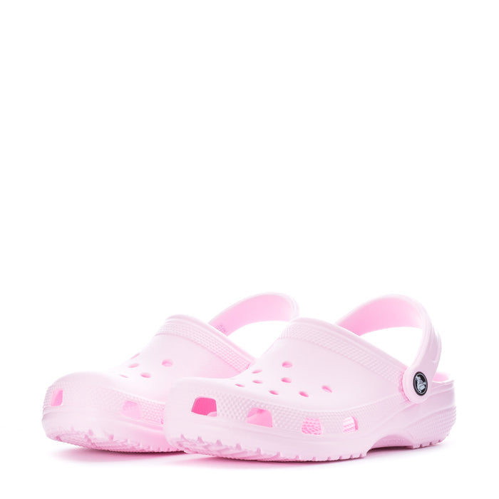 Women's pink clog pair, front view with perforations and pink print details
