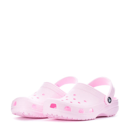 Women's pink clog pair, front view with perforations and pink print details