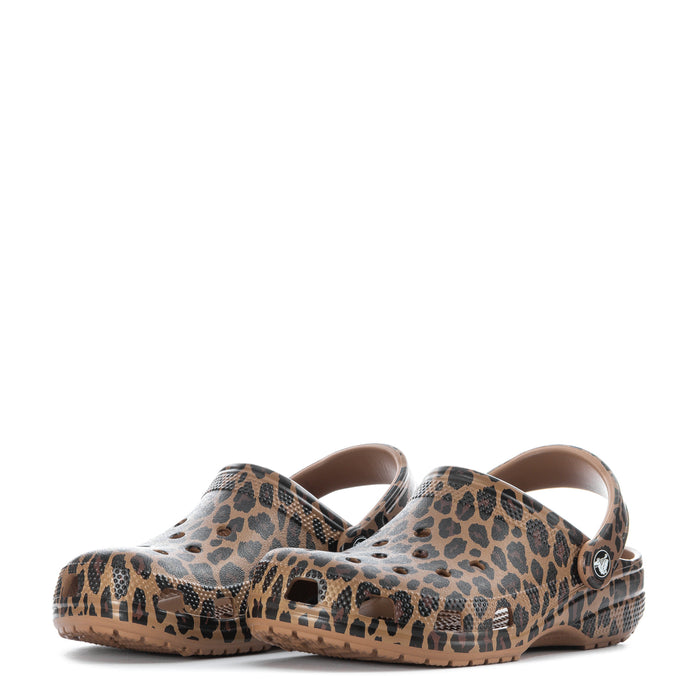 Women's leopard-print clog pair, angled view showing open back and strap