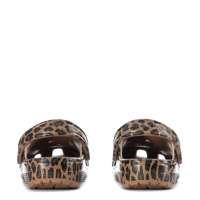 Women's leopard-print clog heel view, rounded back with tan outsole