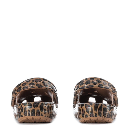 Women's leopard-print clog heel view, rounded back with tan outsole