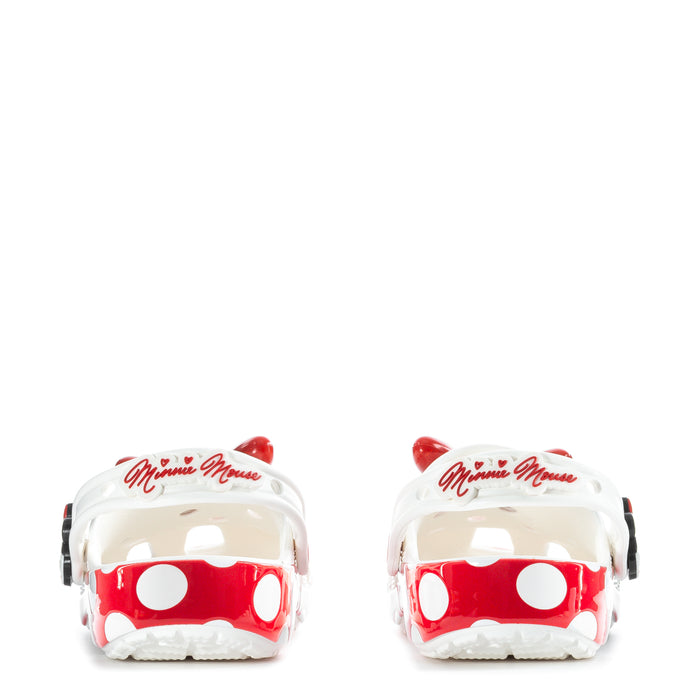 White women’s classic clog with Minnie graphic on the back red heel panel